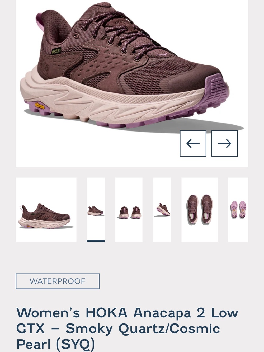 Hoka Women's Anacapa 2 Low GTX in Smoky Quartz/Cosmic Pearl